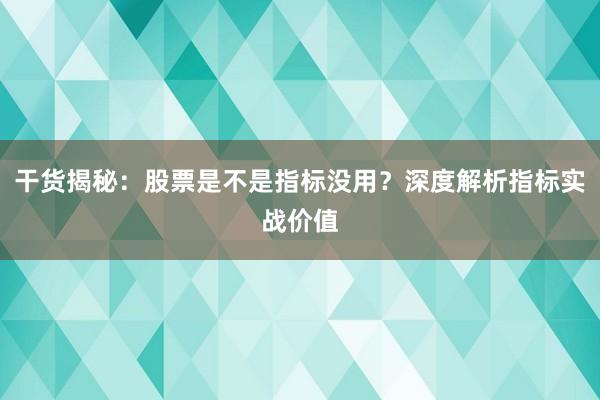 干货揭秘：股票是不是指标没用？深度解析指标实战价值